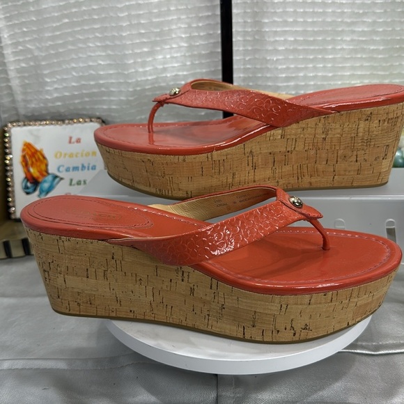 (E3) COACH GEORGINA Women's Orange Cork Wedge Sandals,Sz 9B, Embossed C- Leather - Picture 2 of 13
